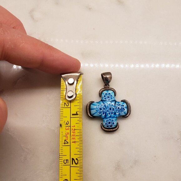 Blue Millefiori Murano Glass And Sterling Silver 925 Cross Pendant - Picture 7 of 8